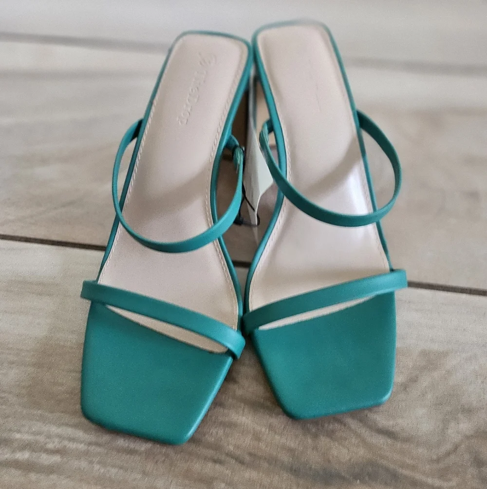 The Drop Teal Green Square Toe Strappy Heeled Sandals Womens 7.5 Minimalist Mule - Picture 2 of 9